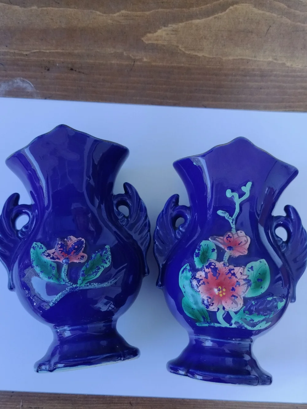 Vintage Floral Cobalt Blue Decorative Vases - Pair